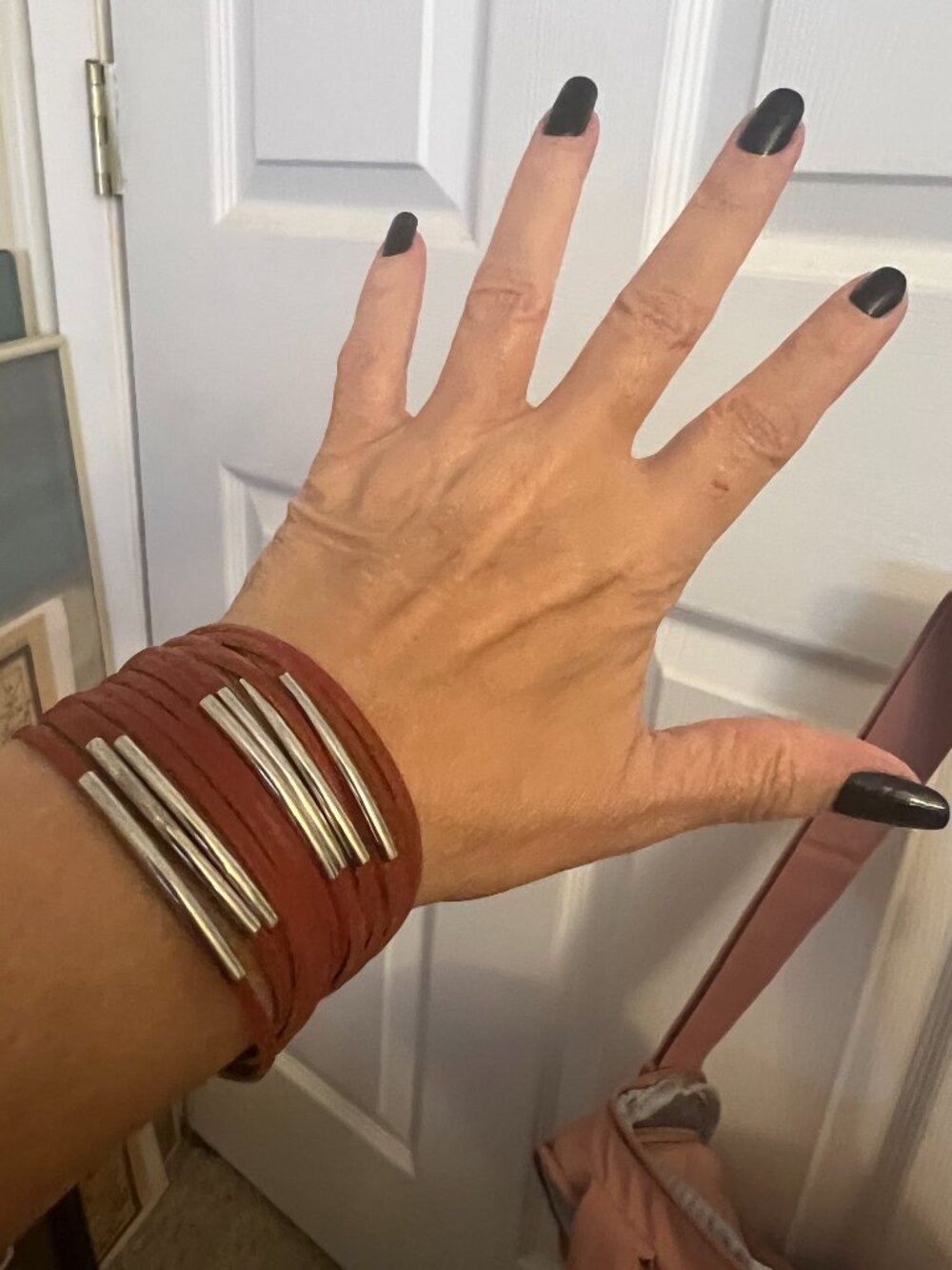 Red Multi‑Strand Faux Leather Bracelet with Silver Metal Accents & Snap Closure - Picture 3 of 9